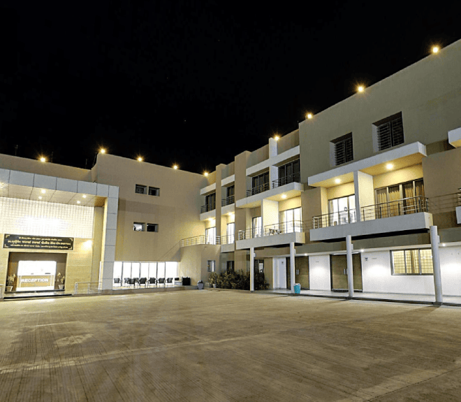 Saurashtra Leuva Patel Samaj Bhavan building at night